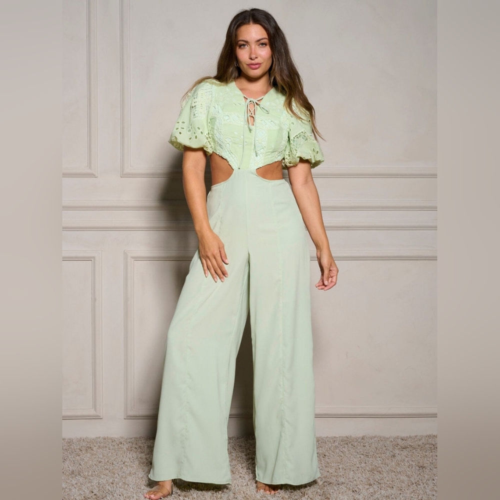 Chicways Cut- Out Eyelet Jumpsuit PALE GREEN Lined   VARIOUS SIZES - Picture 4 of 4